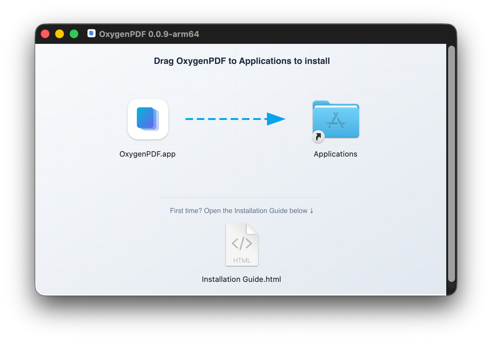 macOS DMG window showing OxygenPDF.app with arrow pointing to Applications folder