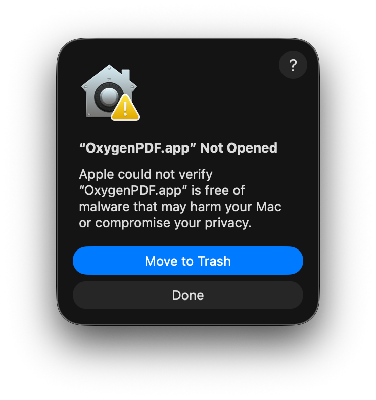 macOS Gatekeeper dialog showing "OxygenPDF.app" Not Opened warning
