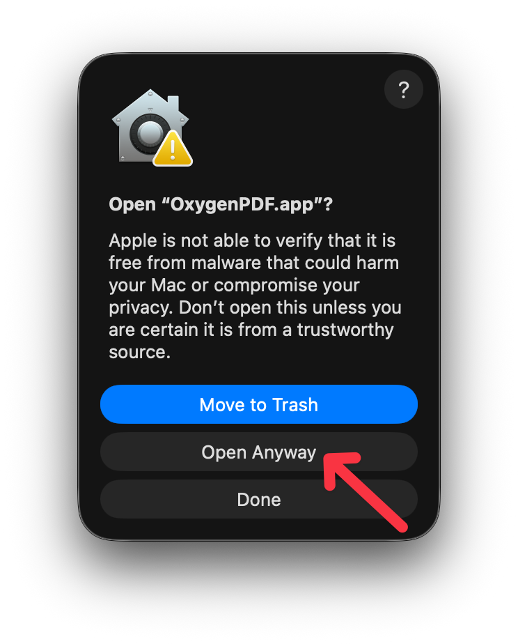 macOS confirmation dialog with Open Anyway button highlighted